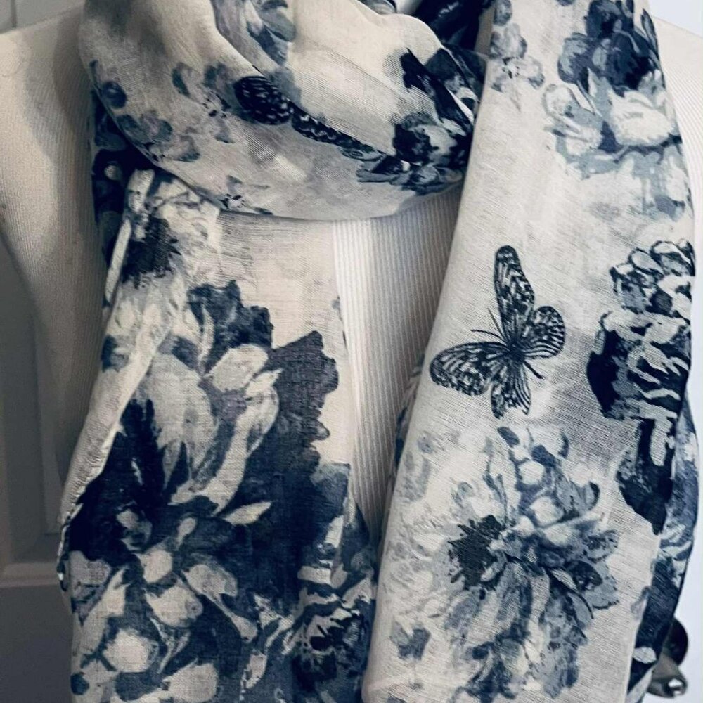 Modern Floral & Butterfly Scarf — Polyester (Made in China)